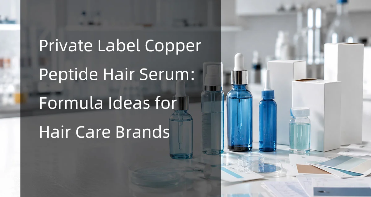 Blue and clear serum bottles with droppers and packaging design for private label hair care products in a lab setting.